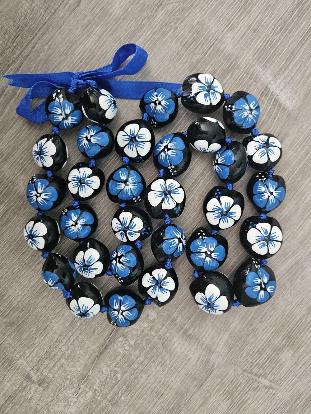 Kukui Nut Lei Hibiscus Blue White Flower Necklace Hawaiian Wedding Luau Grad